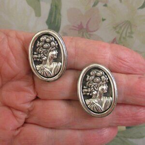 TORTOLANI Sterling Plate Cameo Clip Earrings~DESIGNER Silver Cameo Earrings